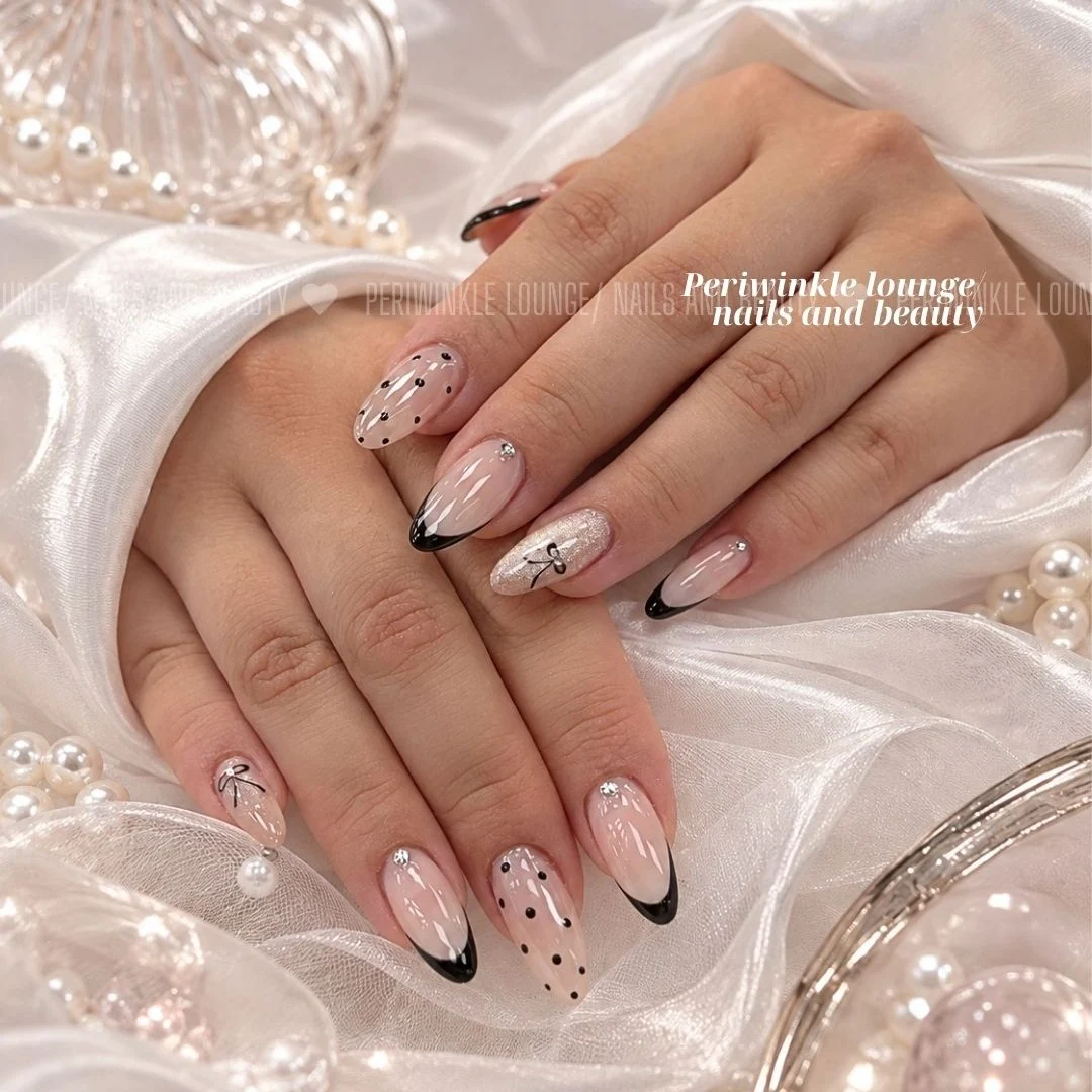 Noir Bow & Dots nail art at Periwinkle Lounge