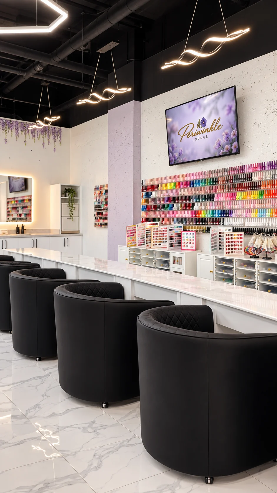 White marble manicure counter and pastel polish collection at Periwinkle